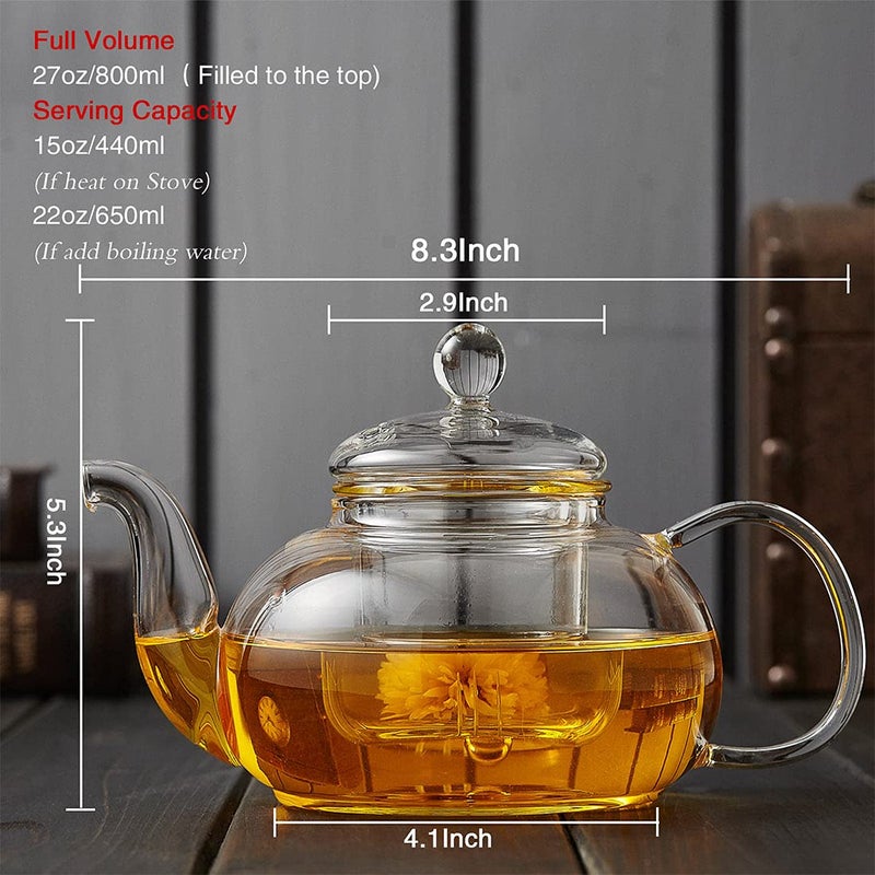 DOPUDO Glass Teapot with Removable Clear Infuser  27 oz/ 800 ml Stove Top & Microwave Safe Borosilicate Glass Kettle with Loose Leaf Tea Strainer For Flower Blooming Tea - Image 3